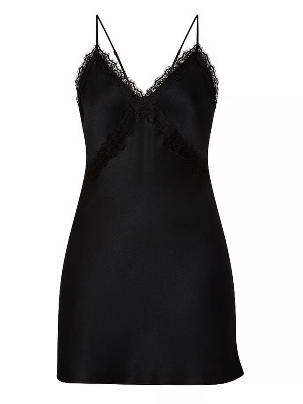 Sexy Satin Rose Lace-Trim Mini Slip Dress in Black